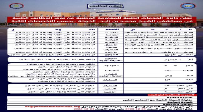 دائرة الخدمات الطبية للمقاومة الوطنية تعلن فتح باب التوظيف في مستشفى الشيخ محمد بن زايد بالخوخة