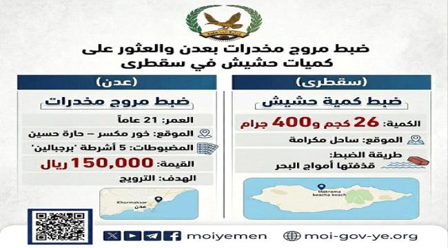 ضبط مروج مخدرات في عدن وكميات حشيش بسواحل سقطرى ...